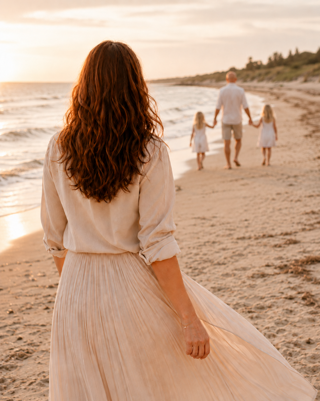 Maria Westen am Strand mit Blick auf ihre Familie