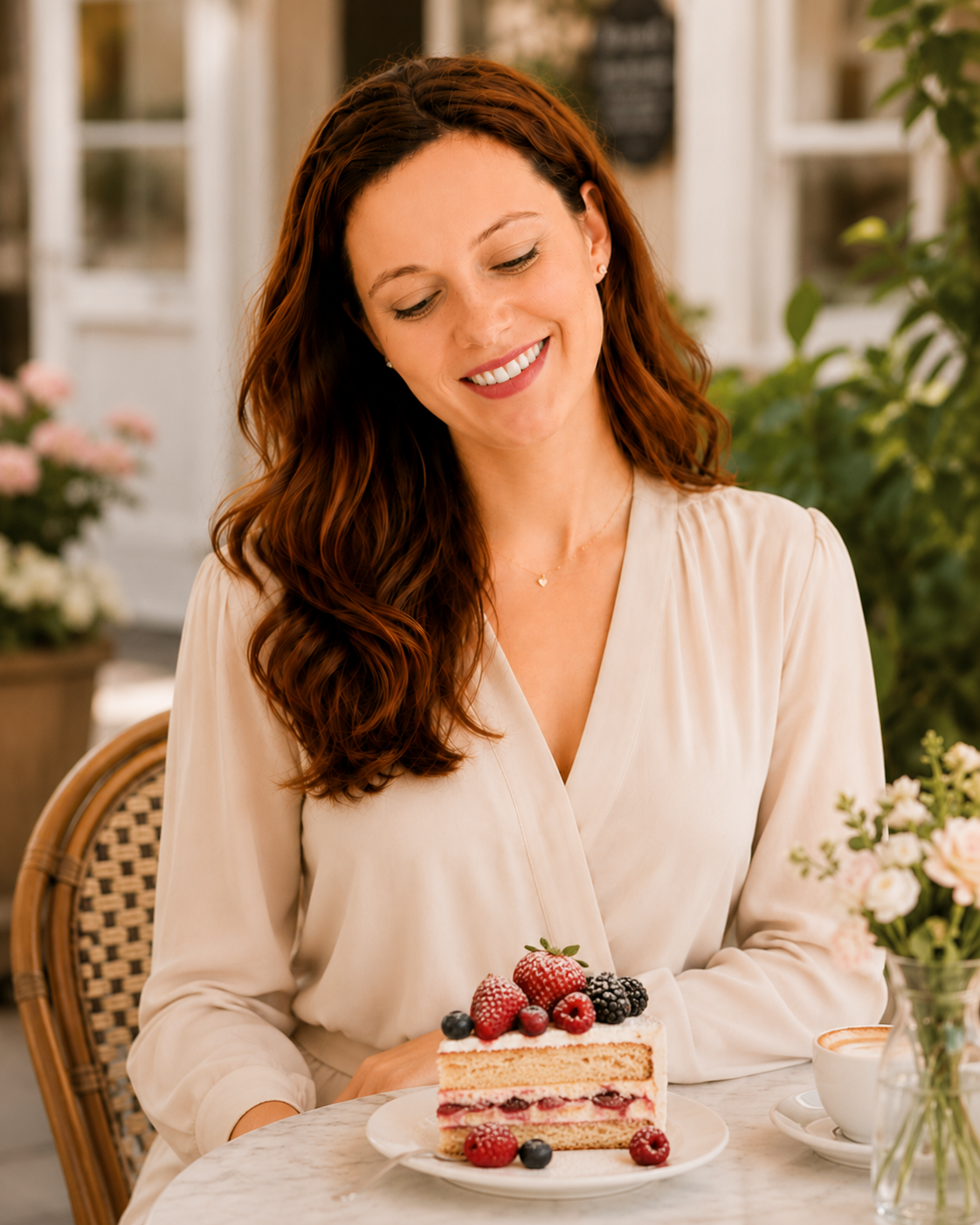 Maria Westen mit Kaffee und Kuchen